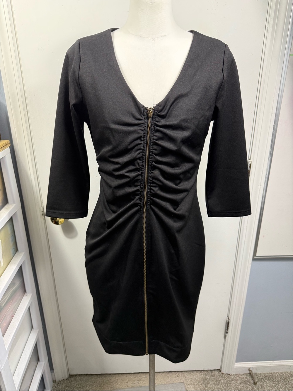 Lapis Black Ruched Front Zip Long Sleeve Dress